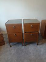 Pair of Art Deco bedside cabinets/secretaires w folding down doors & metal tops
