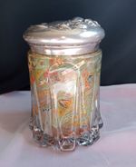 Antique Folk Art Cigar Band Decoupage Glass Tobacco Jar Silver Plated Lid