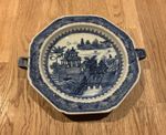 Antique 19th Century Canton Warming Plate, Blue White River scene, Qing Dynasty