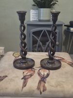 A Pair of Antique English Oak Barley Twist Candlesticks 19th Century C.1900
