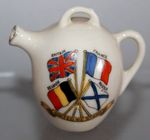 WWI WILLOW ART CRESTED CHINA JUG / KETTLE UNITED WE STAND FLAGS OF ALLIED FLAGS