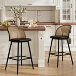 Padded Bar Stools set of 2 with Rattan Back, Metal Base for Kitchen Dining Recep