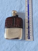 Antique VICTORIAN JAMES DIXON CROCODILE LEATHER & SILVER PLATE 1/8 pt HIP FLASK