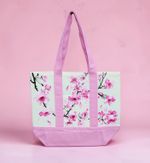 Hand Painted Cherry Blossom Small Canvas Tote Bag Pink Floral Shoulder Bag