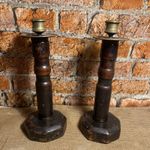 Vintage Antique Pair of Solid Oak  Brass Candle Sticks 