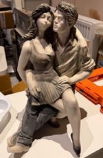 Grey Resin Romantic Couple Figurine, Seated Embracing Man & Woman Freestanding