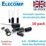 Electrolytic Capacitors 16V 25V 50V 100V Range 1uF - 4700uF 10 in pack UK stock