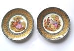 Pair Vintage Limoges Mini Plates French Porcelain Romantic Scene Gold Gilt
