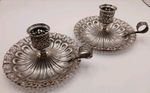 A Pair Of Solid 800 Silver Chambersticks Probably German.