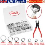 130x Single Ear Hose Clamp Assorted O Fuel Pipe Clip With Clamp Crimp Pliers Set