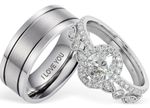 New His And Hers Titanium /925 Sterling Silver Wedding Engagement Ring Band Set 