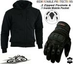 BLACK FLEECE HOODIE CE ARMOUR MOTORBIKE / MOTORCYCLE JACKET & MATCHING GLOVES