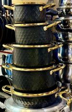 Black and Gold Beautiful Non Stick Cookware Pots Set with Glass Lid 5 Piece