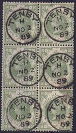 SG 211 1/ green superb block of six with exceptional "TENBY Two rust spots