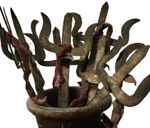 ANTIQUE TRISHULA NEPALESE SHIVA DEVOTIONAL OFFERINGS FORGED IRON RED CLOTH 1950s