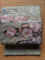 Japanese Silk Fukuro Obi Tsujigahana Floral Gray Green Pink Kimono Sash 424 cm