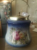 Antique Ceramic Biscuit Barrel  blue & white embossed with painted flowers