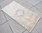 Vintage Turkish Rug 18'' x 37'' Muted Dye Oushak Rug Hand-knotted Small Wool Rug