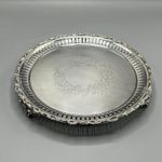 Antique Victorian Silver Plate Waiter Salver Tray Round Ornate Feet Drinks c1890
