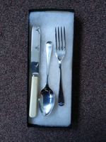 EPNS plated Child's Knife, fork and spoon in box - Christening , made in England