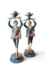 Pair of Austrian chandeliers, depicting pages, bronze, paintings, 19th century