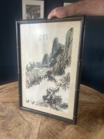 Bamboo Framed Chinese Ink & Watercolour Painting Featuring “Mountains & Water”