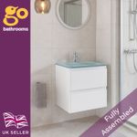 600mm Gloss White Bathroom Wall Hung Unit White Glass Basin Sink 2 Drawer