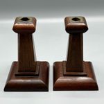 Pair Antique Arts & Crafts Oak Candlesticks Angular Early 20thC Wooden Art Deco