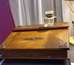 Antique Victorian Oak Stationery / Cabinet, Slope + Crystal Inkwell 1900