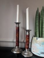 Art Deco burr walnut and metal candlestick holders