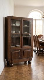 Antique English Oak Art Deco Glazed  Bookcase/ Cabinet With Key