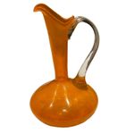 Vintage Italian Empoli Amber Orange Glass Ewer Pitcher Clear Handle 12" MCM