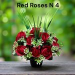 Big Red Roses & Grasses. Memorial Pot Grave Arrangement, Artificial Flowers. 4