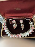 Exquisite HOBE Pink 20 Teardrops RHINESTONES 18”NECKLACE EARRING SET VGT w/Box