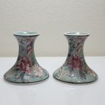 2 VINTAGE ORIENTAL CHINOISERIE HAND PAINTED CANDLESTICK HOLDER TEAL BIRD FLOWER