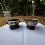 Vintage Chinese Cloisonne Bowls with Wooden Stands