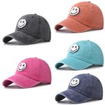 Smile Face Embroidered Washed Baseball Cap for Kids Girls Boys Vintage Sun Hats