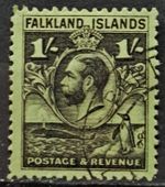 Falkland Islands KGV  1929-37 1/= Black on Bright Emerald Line Perf  Used sg122a