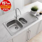 Stainless Steel Kitchen Sink Inset 1.5 Bowl Reversible Drainer + FREE Wastes