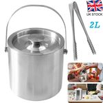 2L Ice Bucket + Tongs & Lid Insulated Double Walled Stainless Steel Ice Cooler