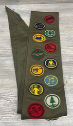Vintage Pathfinder Club 33" Dark Green Sash w/ 24 Merit Badge Patches