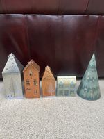 M&S Light Up Christmas House Biscuit Tins x 5 Light Up Village Scene Xmas Tree