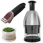 PREMIUM Stainless Steel Garlic Press + Onion Vegetable Chopper (3 Piece Set)