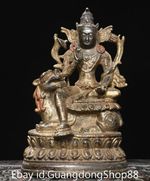 8.8" Old China Bronze Gilt Carving Feng Shui Guanyin Ride Beast Lucky Statue