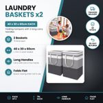 2 Pack Laundry Basket 75L Folding Hamper Grey Storage Bin with Long Handles