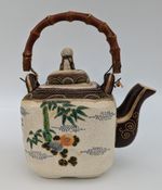 Vintage Oriental Tea Pot With Lid & Bamboo Handle - Hand painted