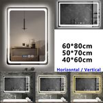 LED Bathroom Mirror With Dimmable 3 Color Lights LED Clock Touch Sensor Anti-Fog
