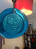 Vtg Swedish Blue Art Glass Menorah Pendant Suncatcher 6cm Mid Century Judaica