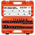 Torx Star Female External Socket Bit Set 1/4" 3/8" 1/2" 31pc Adapter and Reducer