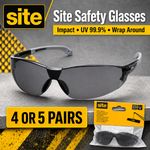 Site Safety Glasses Impact UV 99.9% Wrap Around Smoke Lens 4 or 5 pairs